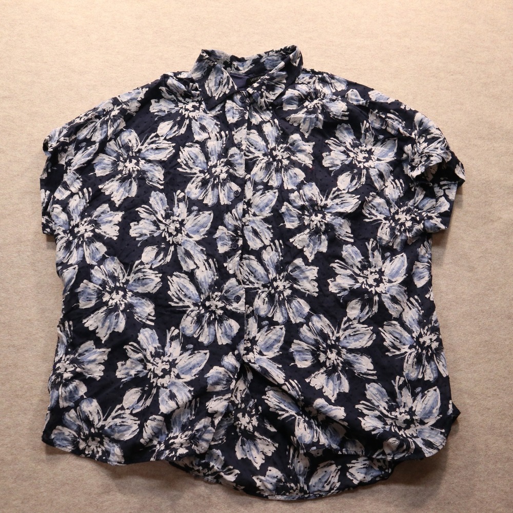 Lafayette 148 Top 2X Floral Button Down Modern Cotton Clip Dot Short Sleeve - Picture 1 of 7